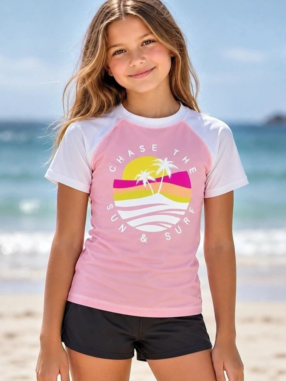 George Girls Pink & White Rashguard Swim Shirt “Chase the Sun & Surf” Size L/G 1